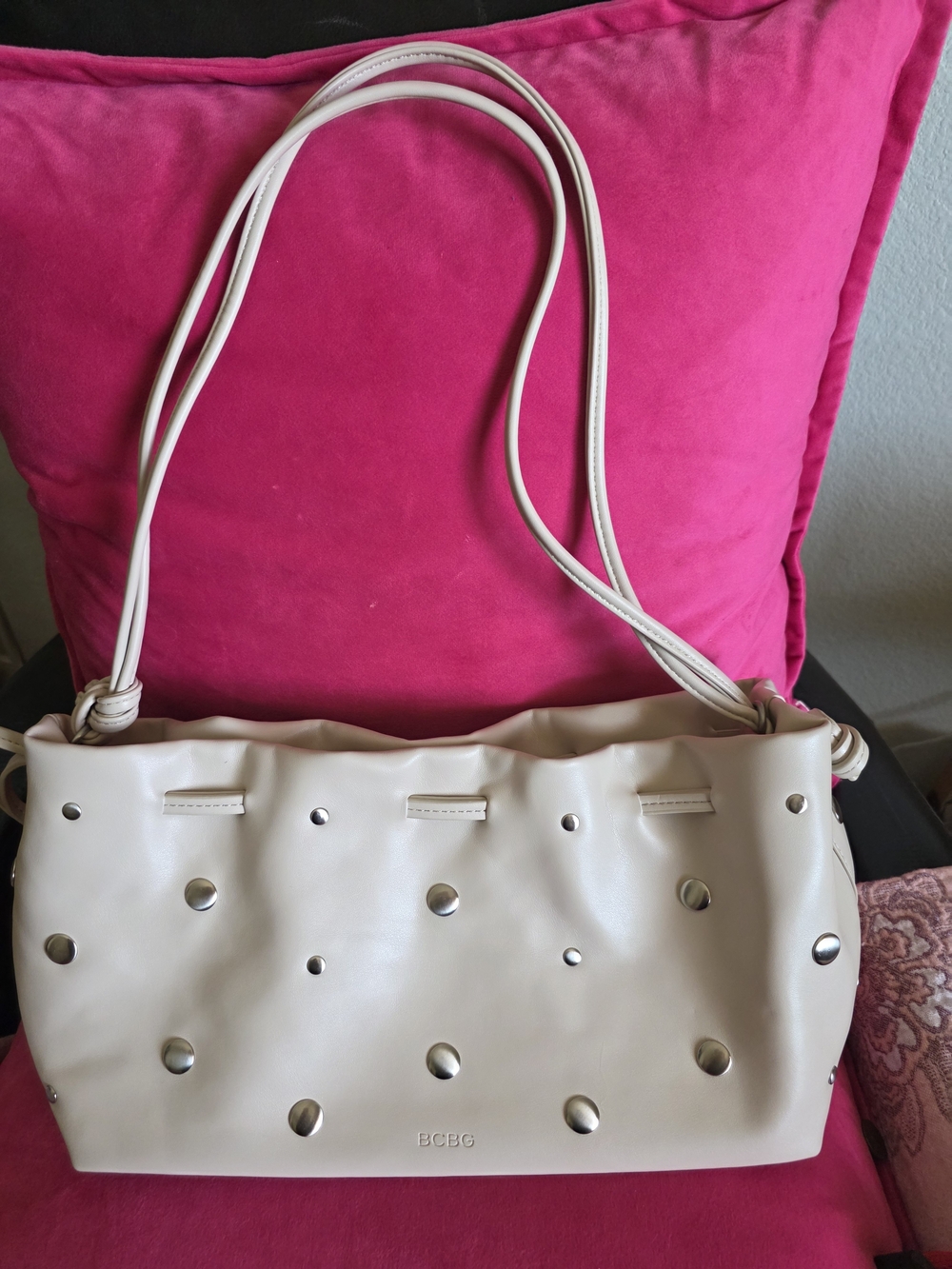 BCBG Soft Cream Shoulder Bag with Stud Accents